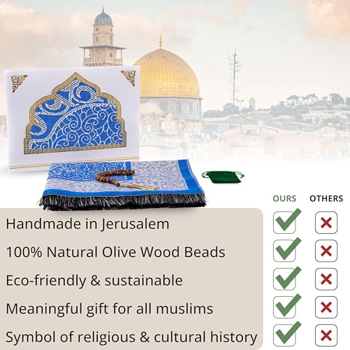 Islamic Prayer Rug with Olive Wood Misbaha – Portable Muslim Prayer Mat & 33 Beads Tasbih from The Holy Land – Ideal for Ramadan, Hajj, Umrah & Daily Salah