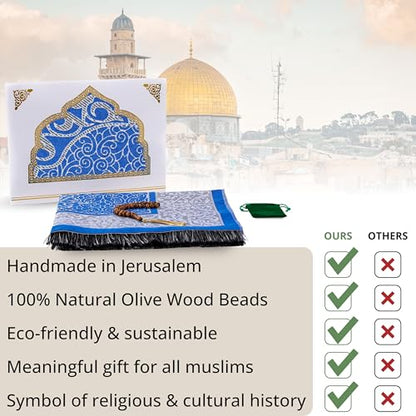 Islamic Prayer Rug with Olive Wood Misbaha – Portable Muslim Prayer Mat & 33 Beads Tasbih from The Holy Land – Ideal for Ramadan, Hajj, Umrah & Daily Salah