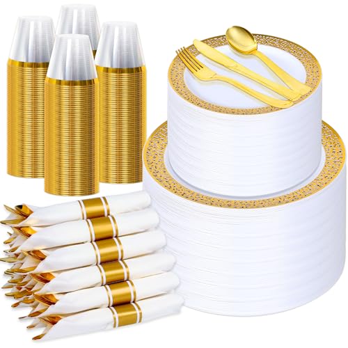 700Pcs Gold Plastic Dinnerware for 100 Guests,Gold Lace Disposable Plasticc Plates Including 100 Dinner&Dessert Plates,Cups,Golden Plastic Silverware for Party,Wedding,Thanksgiving - color: Gold, size: 100 Guests