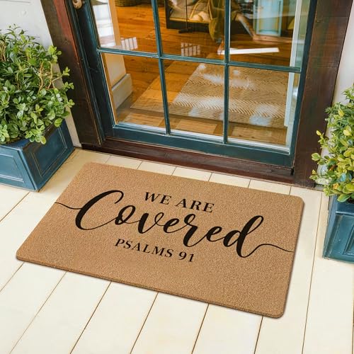 We are Covered Psalm 91 Door Mat, Christian Bible Verse Front Door Mat Rug Outdoor Indoor Entrance, Religious Scripture Artificial Coir Doormat for House Porch Patio Entry, 30x17 Inch