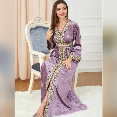 IDOPIP Muslim Women Velvet Dress Embroidery Abayas Long Sleeve V-Neck Moroccan Maxi Kaftan Dubai Robe Arabic Islamic Clothing - color: Light Purple, size: Medium