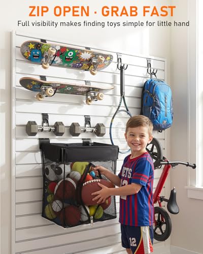 ZORUNNA 2PCS Slatwall Basket, 2PCS 16x15x11 Inch Mesh Slat Wall Basket with Zipper, 6 PCS Heavy Duty Hook Slatwall Accessories, Easy to Install Garage Shop Gym Toy Display Storage. - size: 16x15x11'+ 2*Metal Basket