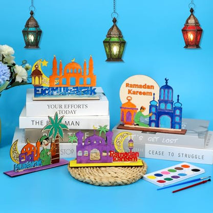 MUOUAKATE 6 Pcs Wooden Ramadan and Eid Crafts Kit, Paint Your Own Ramadan Activities for Boys Girls Ages 3-10 11 12, Ramadan Gifts for Ramadan Eid Party Supplies Class Home Table Decoration
