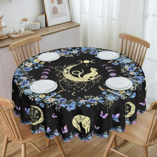 Moon Floral Tablecloth, Boho Moon Phase Astrology Mystical Gothic Wildflower Stars Witchy Water Resisitant Wipeable Table Cover for Dining Kitchen Living Room Home Party Holiday Decor 36 inch Round - color: Tc-boho Flower07, size: 36" (Round)