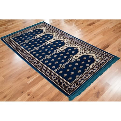 Modefa Turkish Islamic Prayer Rug - Multi Person Janamaz Sajada for Family - Large Gathering & Group Praying Carpet - Wide Velvet Praying Mat (5 Person Blue) - color: Blue