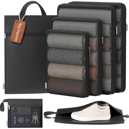 7 Set Compression Packing Cubes for Travel Essentials Luggage, Mesh Collapsible Packing Cubes for 20-22 inch Carry on Suitcase, Expandable Travel Packing Organizers with Shoe Laundry Bag(Black） - color: Black, size: For 20"-22" Carry on Luggages