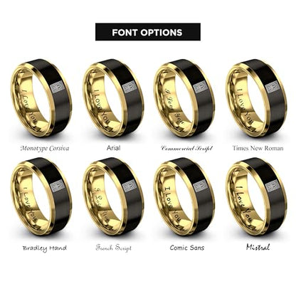 Gift for Muslim Devotee - Prayer Rug Pattern Ring - Black Yellow Rose Gold - Band - Anniversary Wedding - Personalized Custom Engraving - Flat Dome Bevel - 8mm - Men Women - Tungsten Carbide - color: 14 - Yellow Gold Black Tungsten