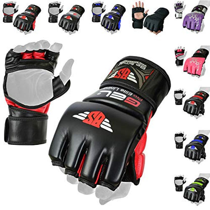 Be Smart Auth. Rex Leather MMA Grappling Gloves Boxing Punch Bag UFC Gel Tech Muay Thai (Black & Red, Small)