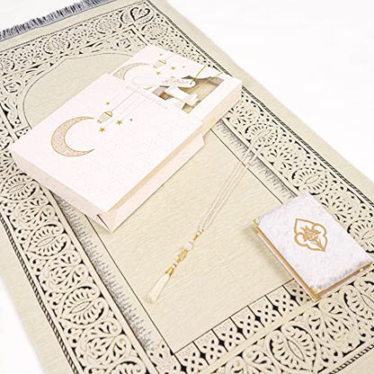 IEF Muslim Prayer Rug Islamic Prayer Mat Quran Prayer Beads Gift Set, Ramadan Eid Gifts, Birthday Gifts for Women, Mothers Day Gifts, Velvet Prayer Rug Arabic Quran Pearl Tasbeeh - color: Beige with Bag