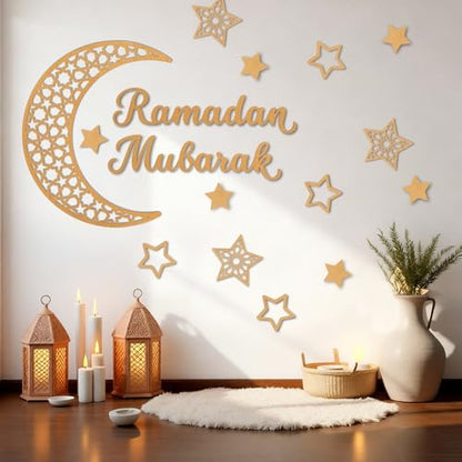 Rmeosye Ramadan Mubarak Wall Decor Set, Moon and Star Islamic Wooden Wall Art Sign for Ramadan Eid Decorations, Muslim Home Decor for Living Room, Bedroom, or Prayer Space