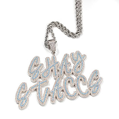 Lulu Mel Iced Out Personalized Cursive Name Necklace For Trendy Women, Custom Handmade Nameplate Pendant With Cuban Link Chain, White Gold Plated Hip Hop CZ Diamond Jewelry Gifts - color: Silver&Blue