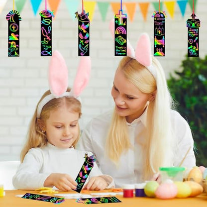 JUNEBRUSHS 30Pcs Religious Crafts for Kids, Easter Rainbow Color Scratch Art Bookmarks Resurrection Cross Religious Gifts for Kids Sunday School Church Bible Crafts Kits - style: Religious Style
