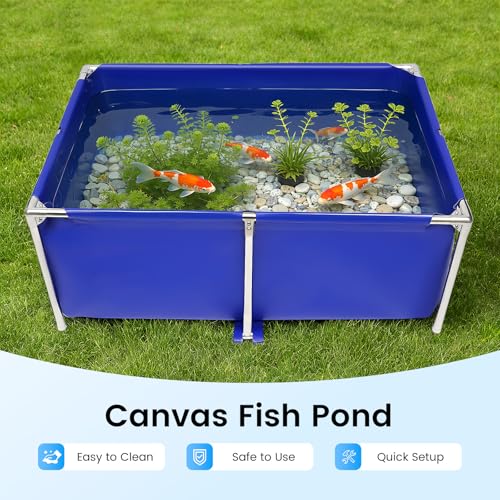 Canvas Fish Pond 127 Gal, Blue Above Ground Foldable Koi Tank, Water Tank | Steel Frame | Drain Valve | Collapsible Design | UV & Freeze Resistant | For Fish, Koi, Turtle, Aquaculture, Irrigation