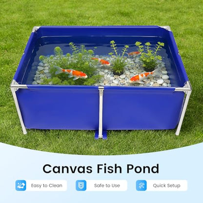 Canvas Fish Pond 127 Gal, Blue Above Ground Foldable Koi Tank, Water Tank | Steel Frame | Drain Valve | Collapsible Design | UV & Freeze Resistant | For Fish, Koi, Turtle, Aquaculture, Irrigation