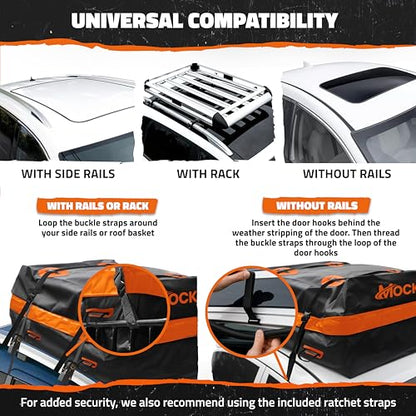 Mockins 20 Cu.Ft. Roof Cargo Bag for Top of Car | 53"x40"x17" All-Weather Rooftop Cargo Carrier Bag | Abrasion-Resistant Vinyl Car Top Carrier Without Roof Rack w/Mat, Straps, Hooks, Lock & Carry Bag - size: Bag: 53"x40"x17"
