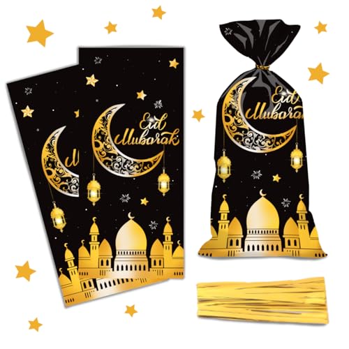 BURBOHUG 50 Pack Ramadan Goodie Bags Eid Mubarak Muslim Castle Moon Star Cellophane Bags for Party Favor Decoration (10.8'' X 4.9'')