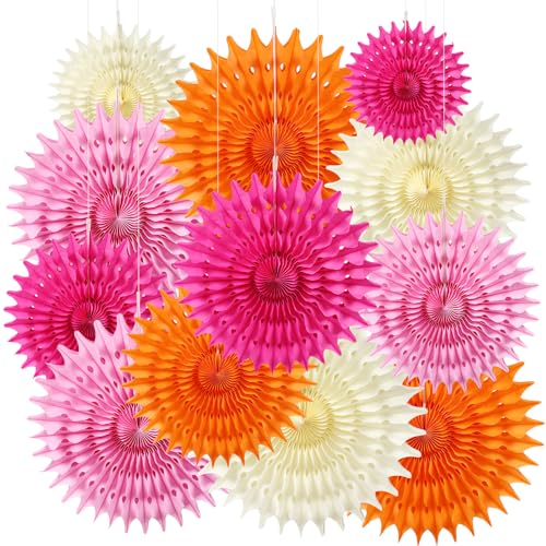 12PCS Paper Fans Hot Pink and Orange Party Decorations Tissue Paper Flowers Decorations for Girl Groovy Birthday Baby Shower Wedding Bachelorette Room Wall Hanging Décor - color: Orange Pink
