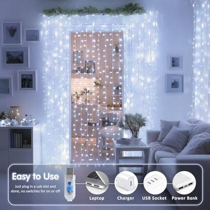 JMEXSUSS 200 LED White Curtain Lights, USB Powered, 6.5ft x 6.5ft - color: White, size: 200 LED