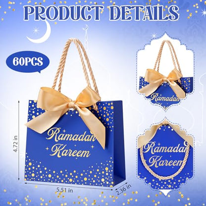 Glenmal 60 Pcs 5.51x2.36x4.72'' Ramadan Gift Bags Ramadan Mubarak Blue Paper Party Bags Eid Mubarak Treat Goodie Bag with Handle and Ribbon for Ramadans Kareem Eid Mubarak's Party Supplies - color: Blue, size: 1 count (Pack of 60)