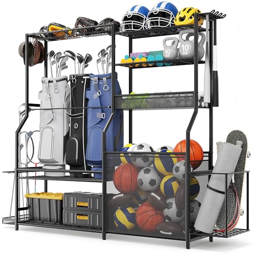 Garage Sports Equipment Organizer, 3 Golf Bag Organizer Stand Heavy-Duty Ball Storage Rack with Basket and Hooks, Ball Storage Cart for Toy Sports Gear Storage, Black