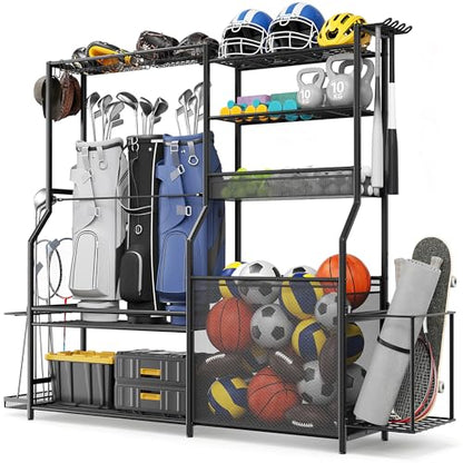 Garage Sports Equipment Organizer, 3 Golf Bag Organizer Stand Heavy-Duty Ball Storage Rack with Basket and Hooks, Ball Storage Cart for Toy Sports Gear Storage, Black