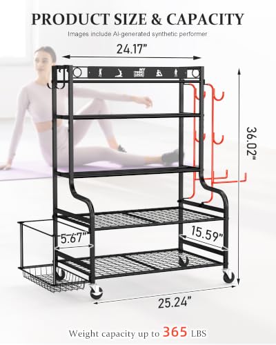 Mythinglogic Weight Rack for Dumbbells, Home Gym Storage for Yoga Mat Dumbbells Kettlebells and Strength Training Equipment, Dumbbell Rack with Wheels and Hanging Hooks - color: New Black