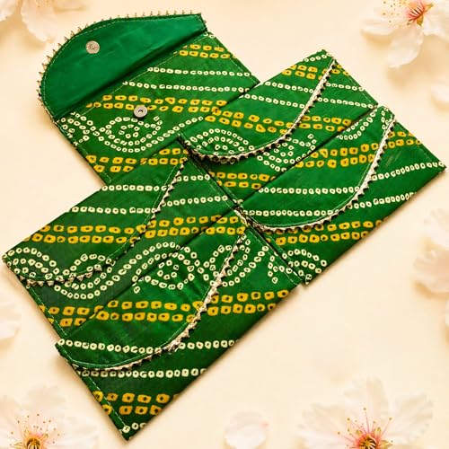 LoveNspire Brocade Fabric Money Envelopes (7.5 x 3.5 Inch) Decorative Bandhani Pattern Shagun Lifafa for Indian Wedding, Birthday | Cash Gift Holder & Home Savings Organizer Green/Pack of 10 - color: Bandhini Green, size: Pack of 10