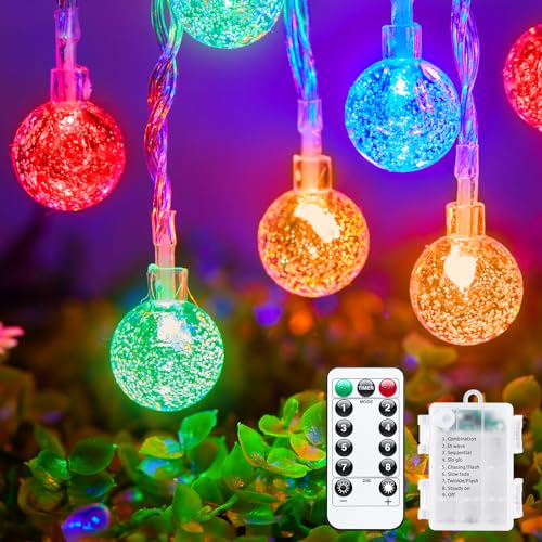 Minetom Crystal Globe String Lights Battery Operated - 33 ft 60 LED Globe Fairy Lights with Remote and 8 Modes, Waterproof for Bedroom Tent Loft Camping Porch Patio Party Wedding Decor, Multicolor - color: Multicolor