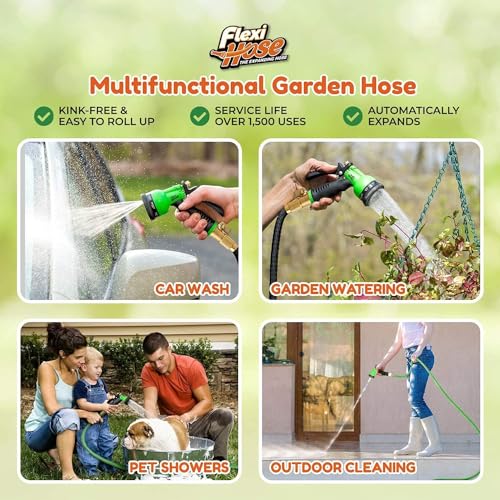 Flexi Hose with 8 Function Nozzle, 25FT - Lightweight Expandable Garden Hose, No-Kink Flexibility, 3/4 Inch Solid Brass Fittings and Double Latex Core - size: 25ft