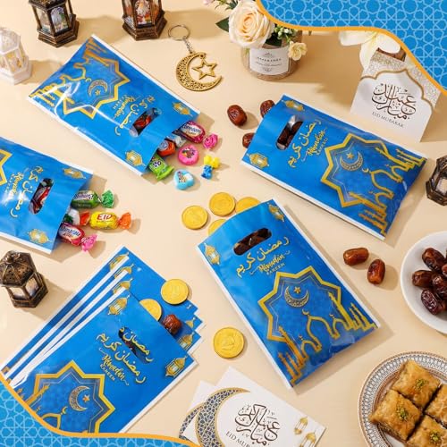 Supervitae 100 Pieces Ramadan Kareem Plastic Gift Bags Bulk Eid Mubarak Treat Candy Goodie Bags with Churches Star and Moon for Muslim Eid Party Favors Supplies - color: Blue Gold, style: Ramadan