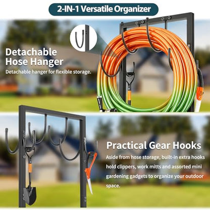 Garden Hose Holder Stand, BOLITE Heavy Duty Metal Hose Hanger, Holds 150ft | Freestanding & Detachable Water Hose Holder for Outside, 4 Spikes & 2 Tool Hooks, Storage Rack for Outside Yard Lawn Farm - style: Freestanding
