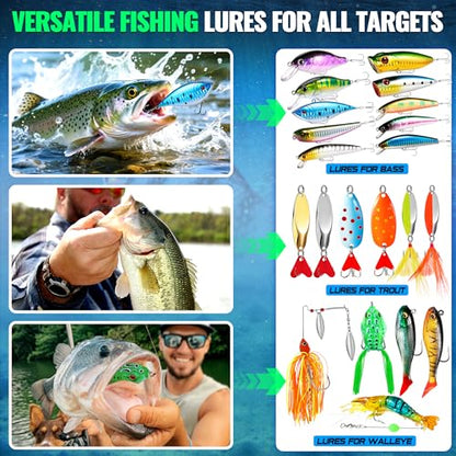 PLUSINNO Fishing Lures Fishing Tackle Box Fishing Gifts for Men, Bass, Trout Fishing Accessories Kit for Saltwater & Freshwater Fishing Gear Including Topwater Lures, Hooks, Spinnerbaits - color: 194PCS tackle box