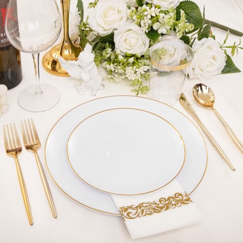 MirthMood 210Pcs Disposable Plastic Plates Set, Gold and White Plastic Party Plates, Includes:30 Dinner Plates, 30 Dessert Dinnerware, 30 Cups, 30 Napkin Cutlery for Spring Wedding,Birthday Party - color: White, size: 210