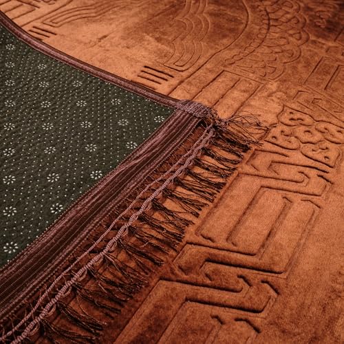 Prayer Rug - Soft Plush Turkish Janamaz Sajada Carpet for Men and Women - Plain Solid Prayer Mat Ramadan Eid Gift with Prayer Beads - Luxury Floral Stamp, Brown - color: Brown