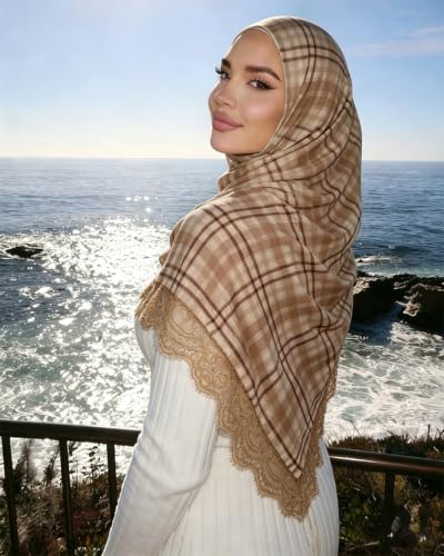 JUMISEE Elegant Floral Lace Hijab Scarf for Women Soft Cotton Head Wrap Instant Hijab Long Scarves Evening Dress Shawl - color: Khaki Plaid Pattern