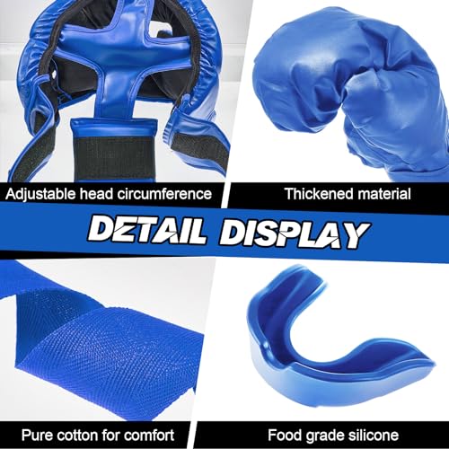 Kanayu 12 Pcs Kids Boxing Equipment Set for Beginners Ages 6-18 Years Including Boxing Helmet and Gloves Hand Wraps Sport Mouthguards Taekwondo Sparring Gear for Kids and Children - color: Blue, White