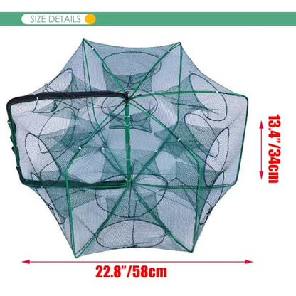 Foldable Bait Trap Fishing Net - Hand Cast Cage for Catching Fish Shrimp Crab Crawfish - color: Green, size: 12 Entrances