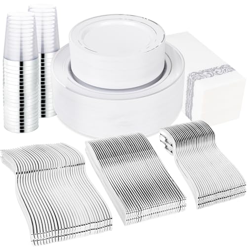 Supernal 400pcs Silver Plastic Dinnerware Set Heavy Duty Disposable Plates Include Silver Plastic Dessert Plates,50 Spoons & Knives & Cups & Napkins & 100 Forks,Prfect For Party and Wedding - color: 400pcs White and Silver Plastic Dinnerware