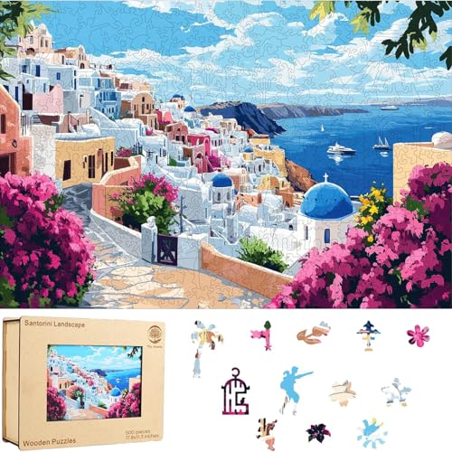 Mys Aurora 500 Pieces Puzzles for Adults, Santorini Wooden Puzzles, Unique Shaped Jigsaw Puzzle Birthday Scenery Gift Challenging Family Game for Kids and Adults 17.8 * 11.3 inch - color: Santorini, size: King