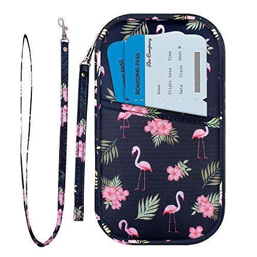 RFID Family Passport Wallet Holder Waterproof, Travel Document Organizer Credit Card Clutch Bag for Men Women - color: RFID Flamingo