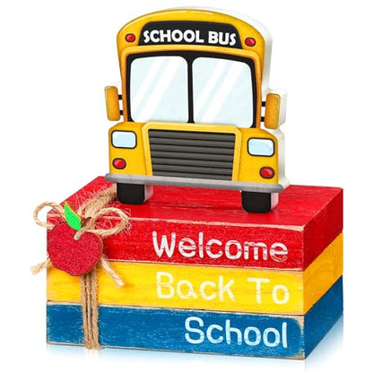 4 Pcs Back to School Table Decorations School Bus Office Decor First Day of Schooltiered Tray Decorations Decorative Mini Wooden Books Bus Signs for Office Shelf Classroom Tabletop Bookshelf - style: Bus
