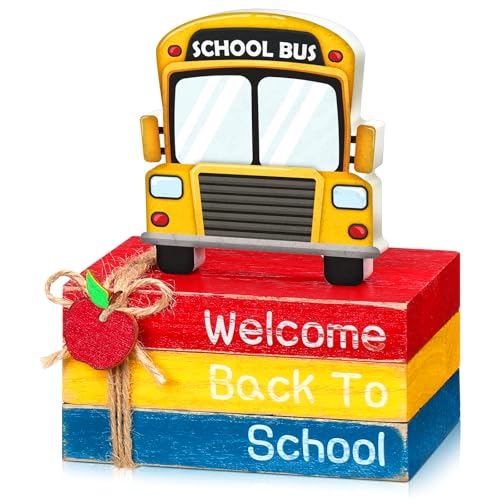 4 Pcs Back to School Table Decorations School Bus Office Decor First Day of Schooltiered Tray Decorations Decorative Mini Wooden Books Bus Signs for Office Shelf Classroom Tabletop Bookshelf - style: Bus