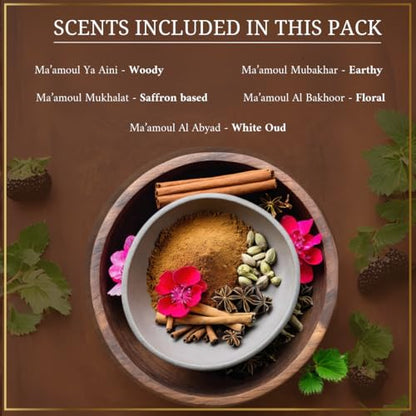 Maamoul Bakhoor Variety Box & Burner by Dukhni | Authentic Arabic Oud Incense | 10 pcs Bakhoor, 5 Mixed scents