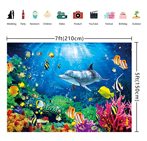 7x5ft Ocean Dolphins Backdrop Under the Sea Whale Backdrop | Summer Under the Sea Banner for Kids Aquarium Corals Tropical Fish Background Underwate Baby Shower Backdrops for Photoshoot