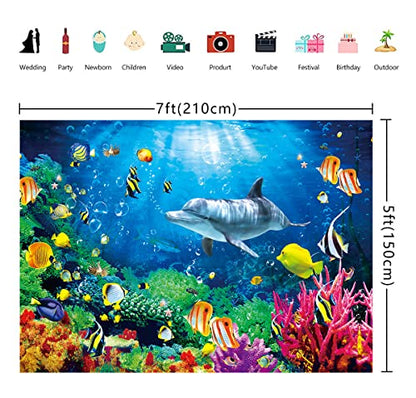 7x5ft Ocean Dolphins Backdrop Under the Sea Whale Backdrop | Summer Under the Sea Banner for Kids Aquarium Corals Tropical Fish Background Underwate Baby Shower Backdrops for Photoshoot