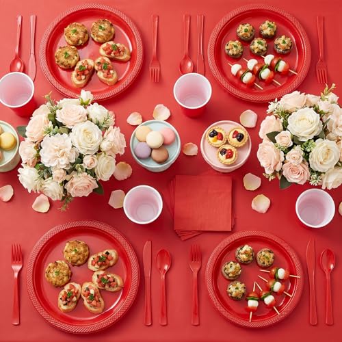 Tinybee 352 Pcs Red Plastic Plates, Disposable Dinnerware Set for 50 - color: Red