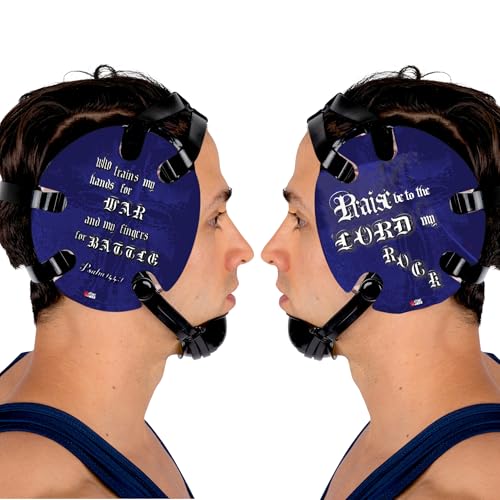 Wrestling Headgear with Ear Protection & Chin Cup Adjustable Lightweight Head Guard for Competition & Practice – Durable Protective Wrestling Ear Guard for Youth & Adult Athletes - color: Psalm 144 Blue