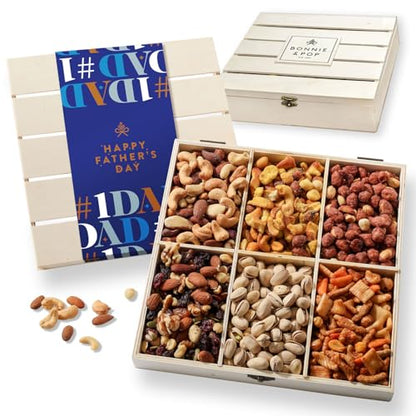 Fathers Day Gift Basket, Nut Gift Basket in Reusable Wooden Crate, Healthy Gift Option, Gourmet Snack Food Box, with Unique Flavors, Great for Dad, Father, Grandfather, Bonnie & Pop - style: Father's Day