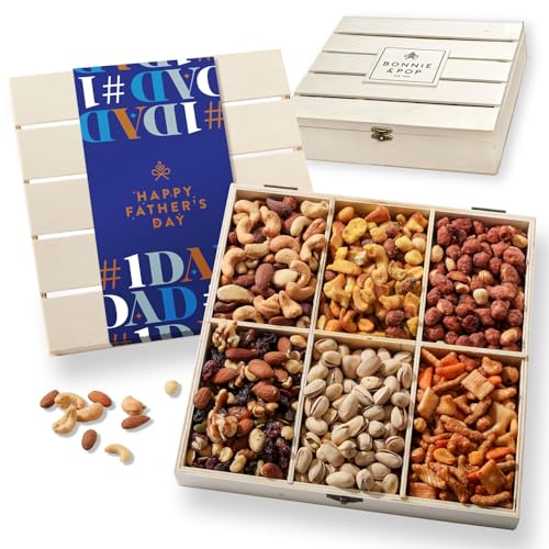 Fathers Day Gift Basket, Nut Gift Basket in Reusable Wooden Crate, Healthy Gift Option, Gourmet Snack Food Box, with Unique Flavors, Great for Dad, Father, Grandfather, Bonnie & Pop - style: Father's Day