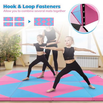 Giantex 4'x8' Gymnastics Mat, 2" Thick Folding Tumbling Mat with Carrying Handles, Foldable Gym Mat with Hook and Loop Fastener, Cheer Mats for Kids Adults Home Exercise Aerobics Fitness - color: Rose/Blue